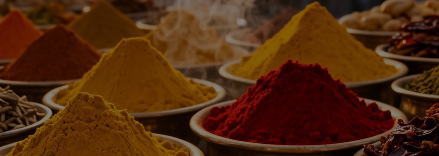 Färgglada indiska kryddor i keramikskålar